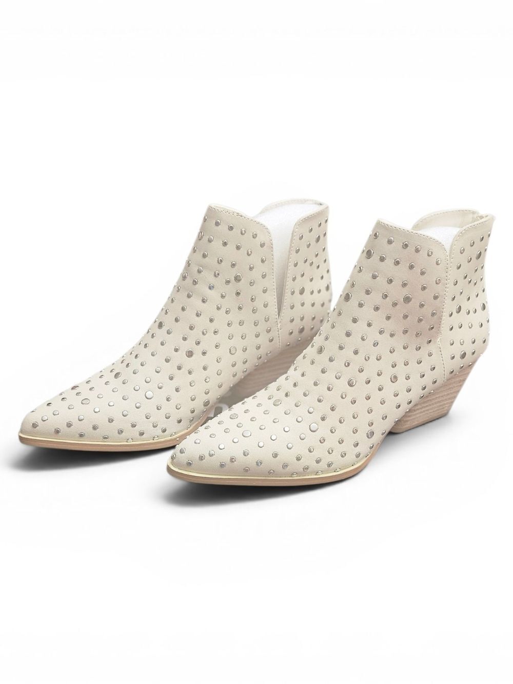 SHU SHOP What’s Up Studded Ankle Booties Cream Taupe Pointed Toe Block Heel 8.5